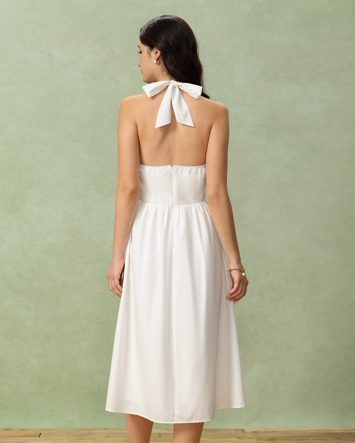 White Embroidery A-Line Halter Midi Dress | Rihoas