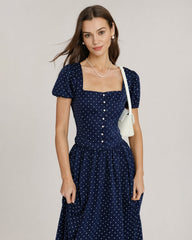 Blue Square Neck Polka Dot Blouse | Rihoas