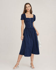 Blue Square Neck Polka Dot Blouse | Rihoas