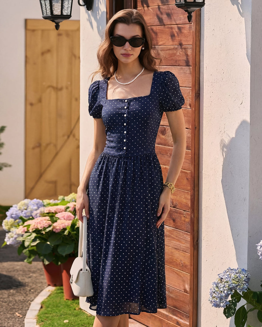 Blue Square Neck Polka Dot Blouse | Rihoas