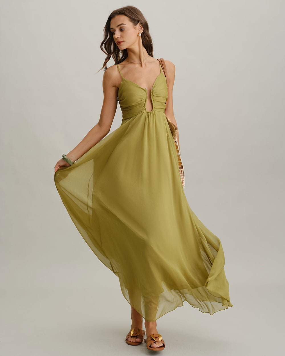 Green Ruched Slip Maxi Dress | Rihoas