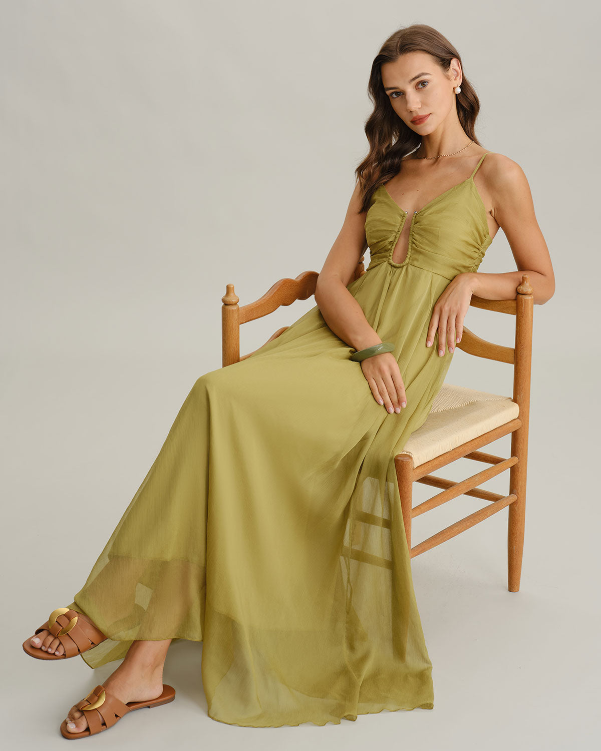 Green Ruched Slip Maxi Dress | Rihoas