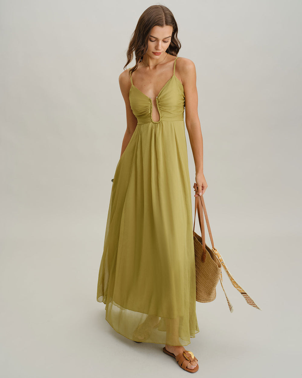 Green Ruched Slip Maxi Dress | Rihoas
