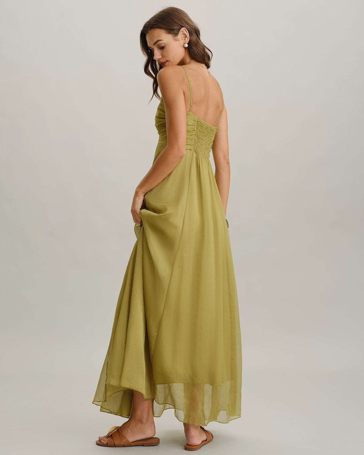 Green Ruched Slip Maxi Dress | Rihoas
