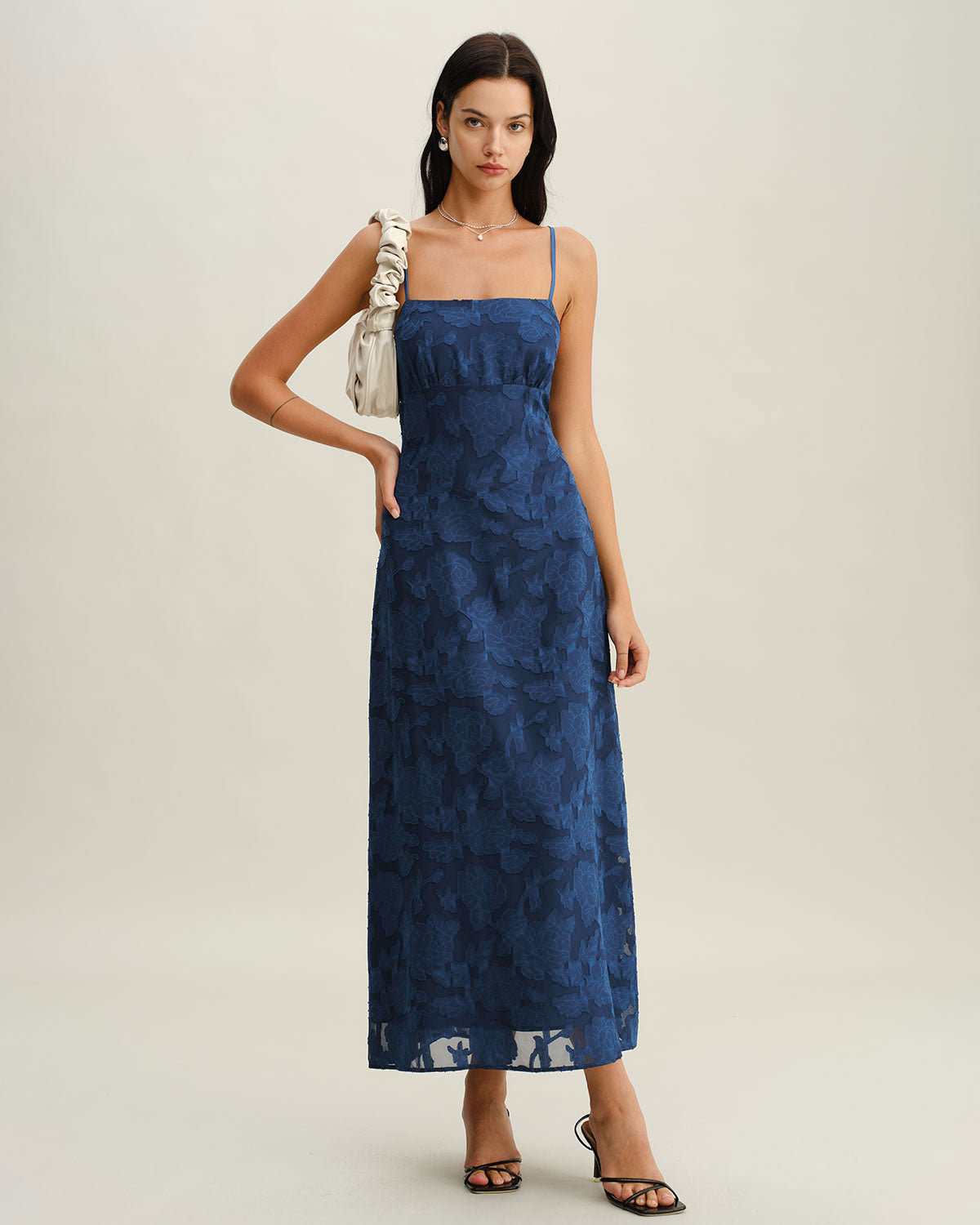 Navy Jacquard Slip Backless Maxi Dress | Rihoas