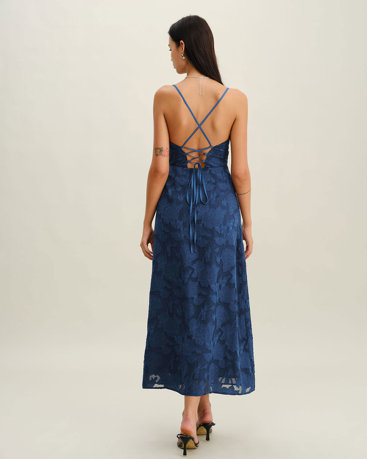 Navy Jacquard Slip Backless Maxi Dress | Rihoas