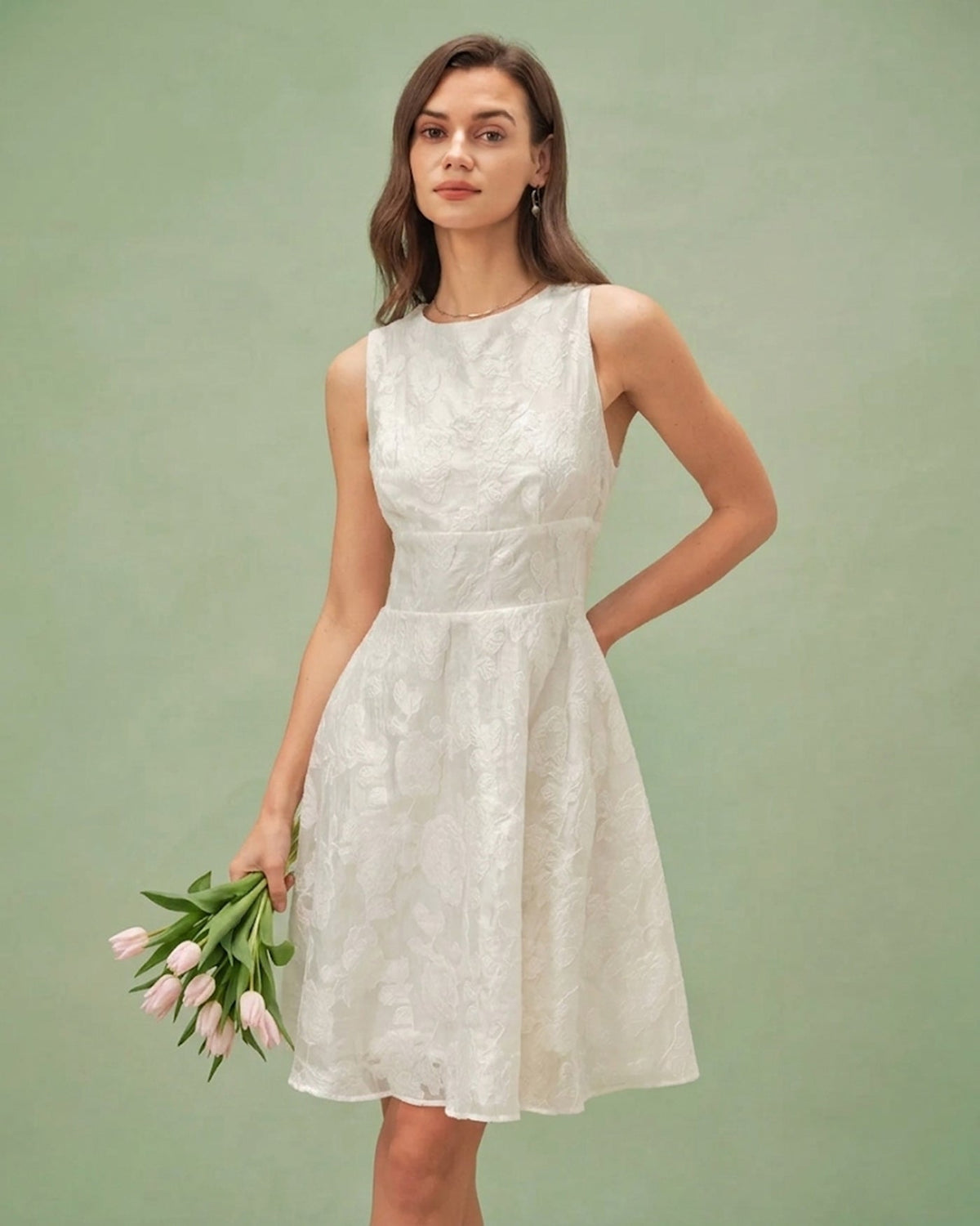 White Round Neck Jacquard Mini Dress | Rihoas