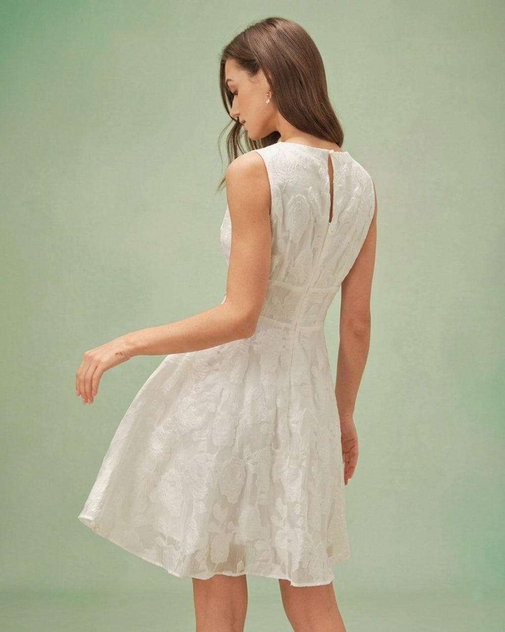 White Round Neck Jacquard Mini Dress | Rihoas