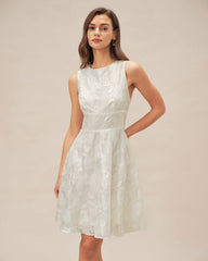 White Round Neck Jacquard Mini Dress | Rihoas