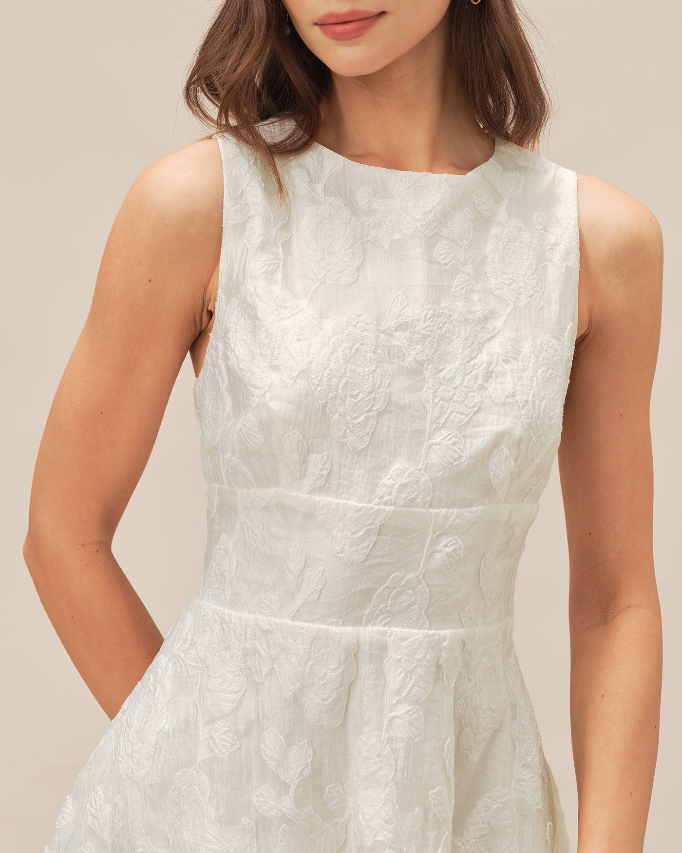 White Round Neck Jacquard Mini Dress | Rihoas