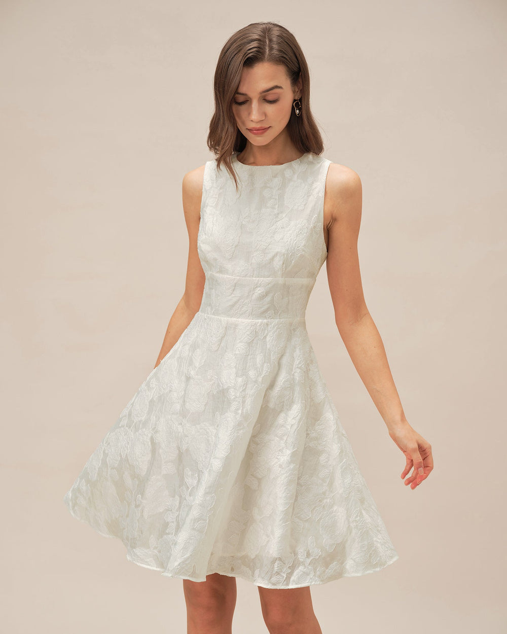 White Round Neck Jacquard Mini Dress | Rihoas