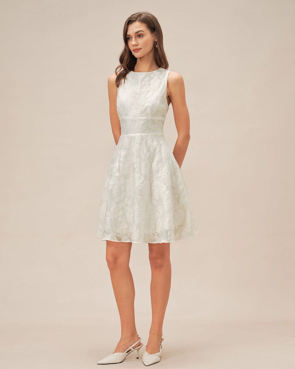 White Round Neck Jacquard Mini Dress | Rihoas