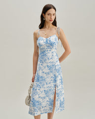 The Blue Sweetheart Neck Shirred Midi Dress | Rihoas