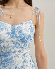 The Blue Sweetheart Neck Shirred Midi Dress | Rihoas