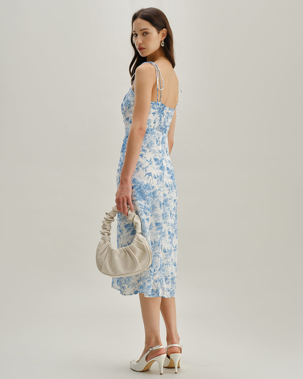 The Blue Sweetheart Neck Shirred Midi Dress | Rihoas