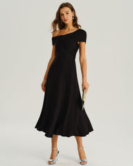 Black One Shoulder A-Line Midi Dress | Rihoas