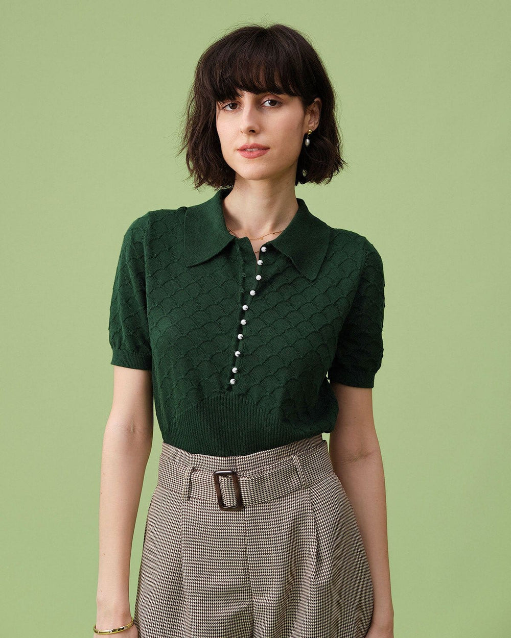 The Green Short Sleeve Textured Lapel Knit Tee | Rihoas
