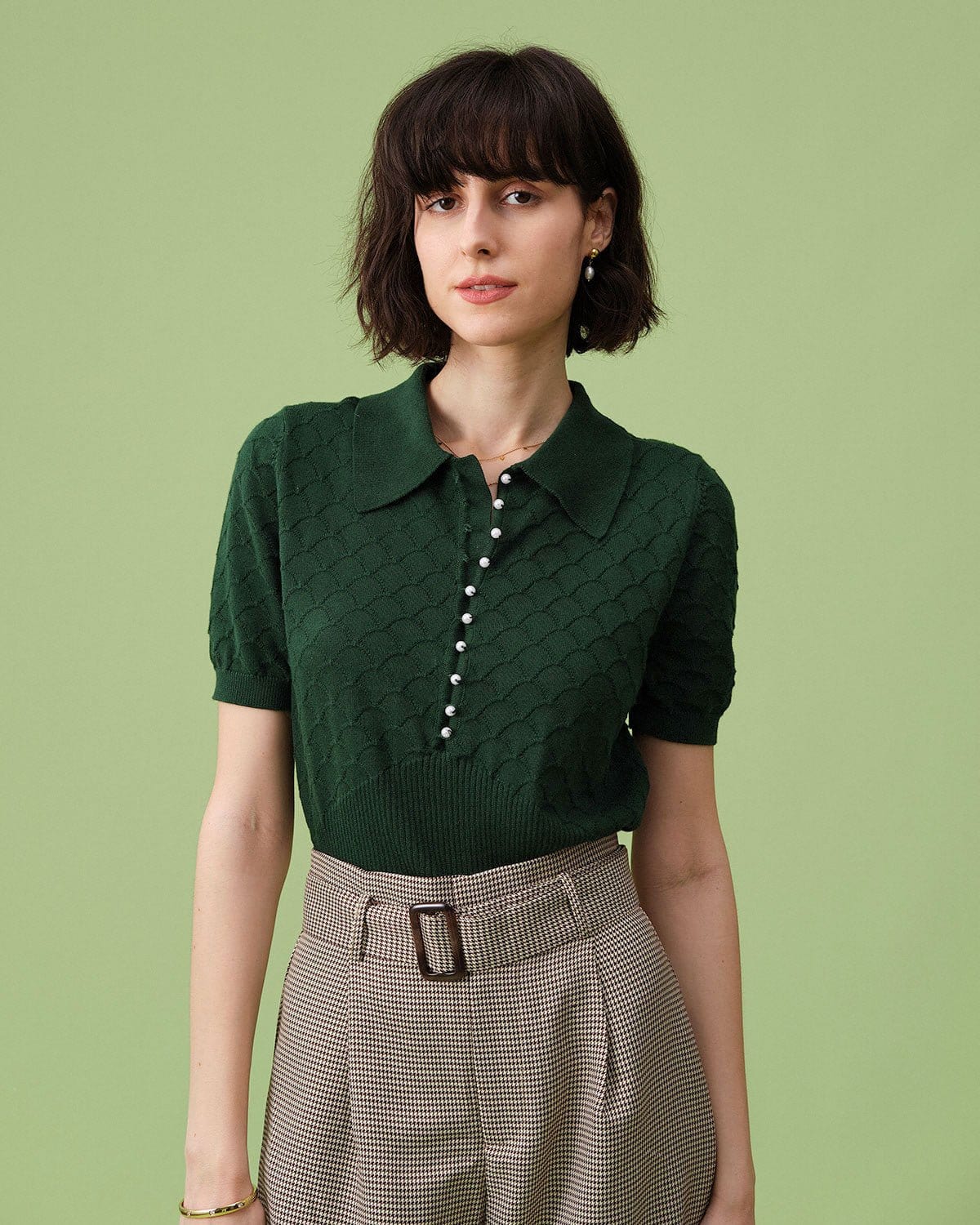 The Green Short Sleeve Textured Lapel Knit Tee | Rihoas