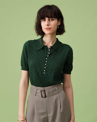 The Green Short Sleeve Textured Lapel Knit Tee | Rihoas