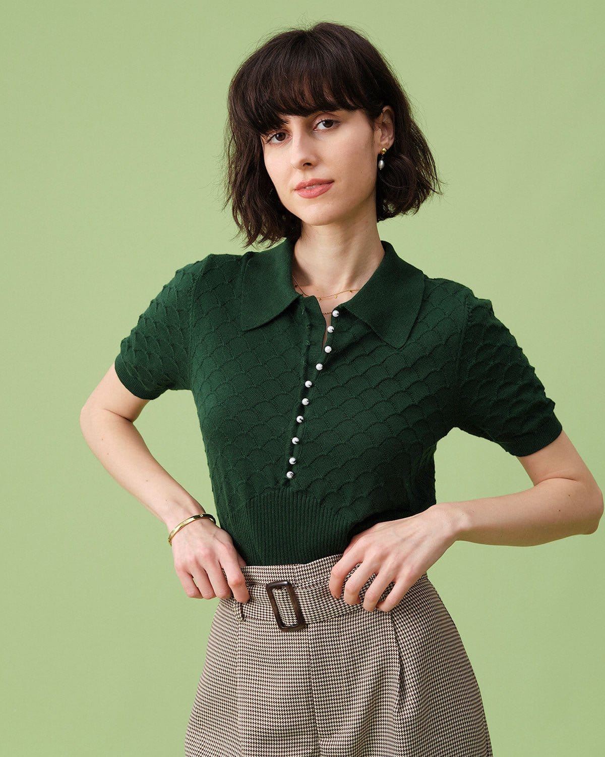 The Green Short Sleeve Textured Lapel Knit Tee | Rihoas