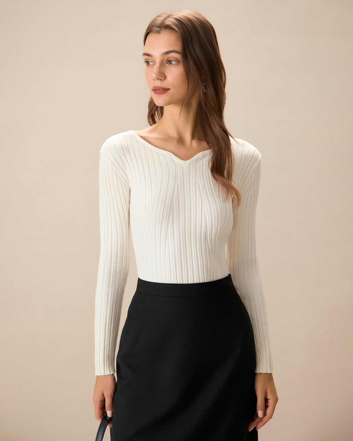The White V Neck Teardrop Ribbed Knit Top | Rihoas
