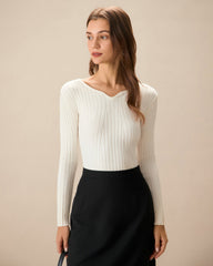 The White V Neck Teardrop Ribbed Knit Top | Rihoas