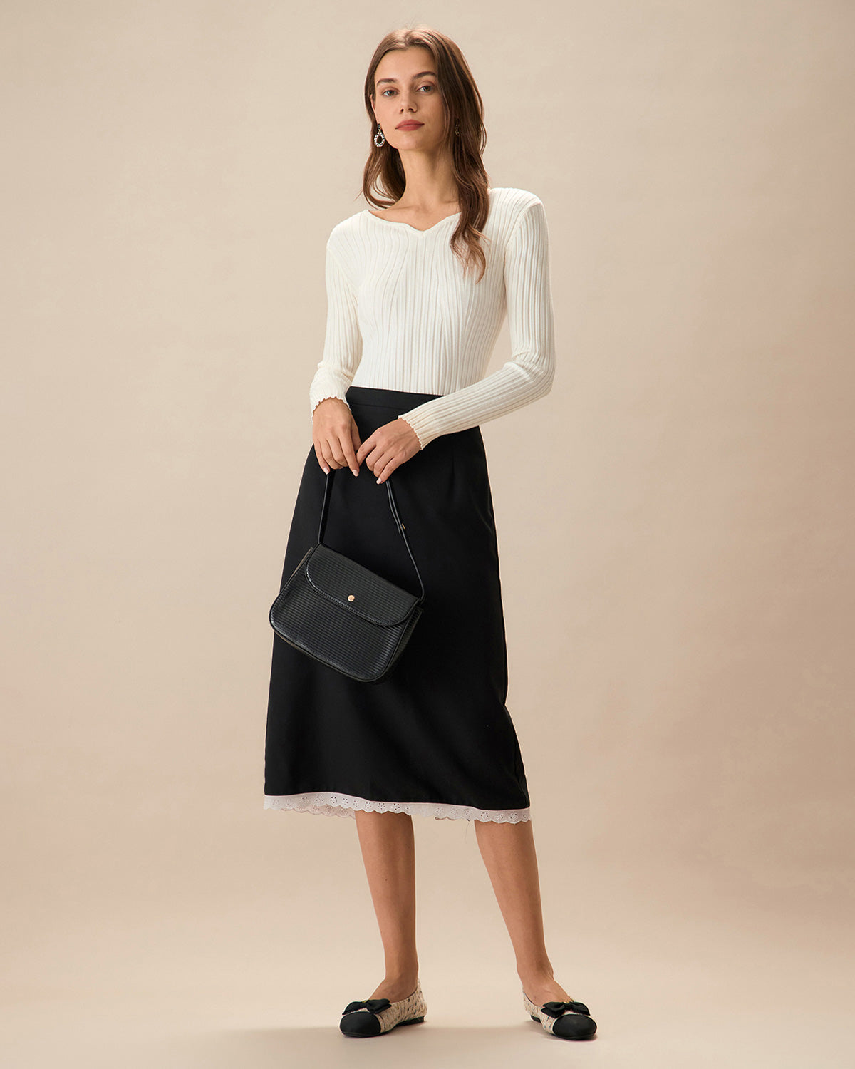 The White V Neck Teardrop Ribbed Knit Top | Rihoas