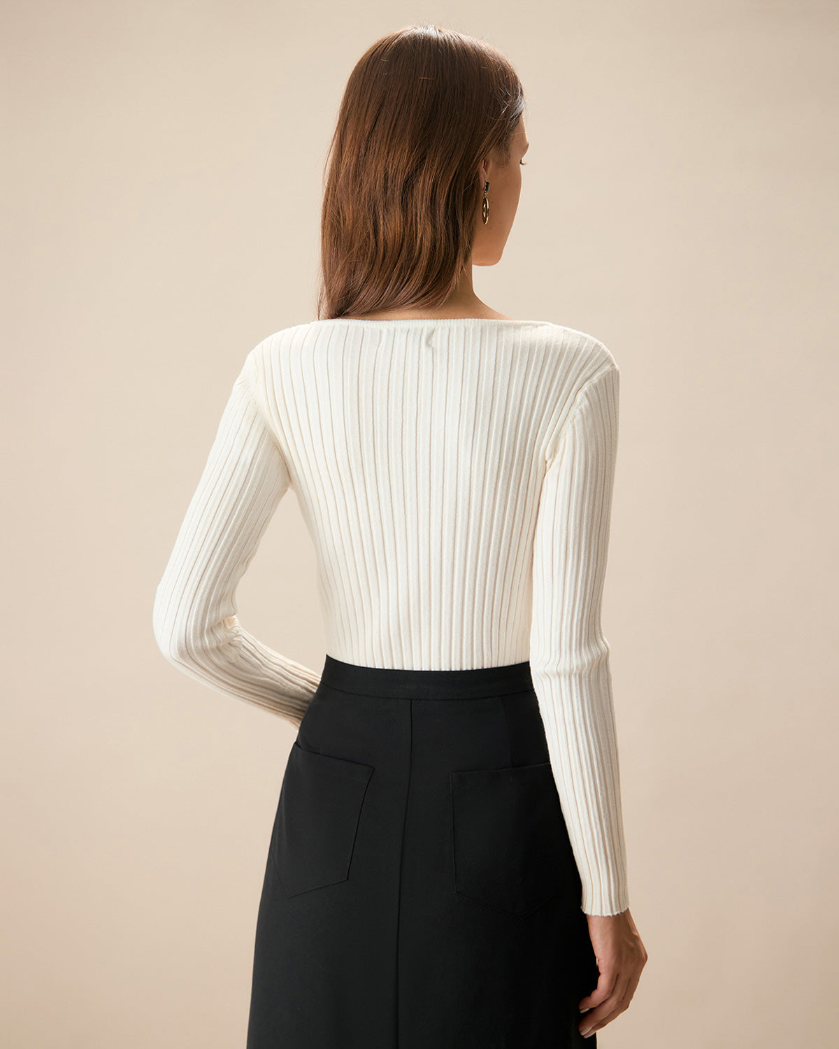 The White V Neck Teardrop Ribbed Knit Top | Rihoas