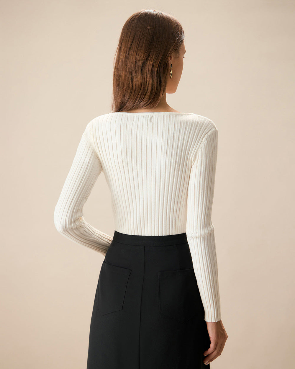 The White V Neck Teardrop Ribbed Knit Top | Rihoas