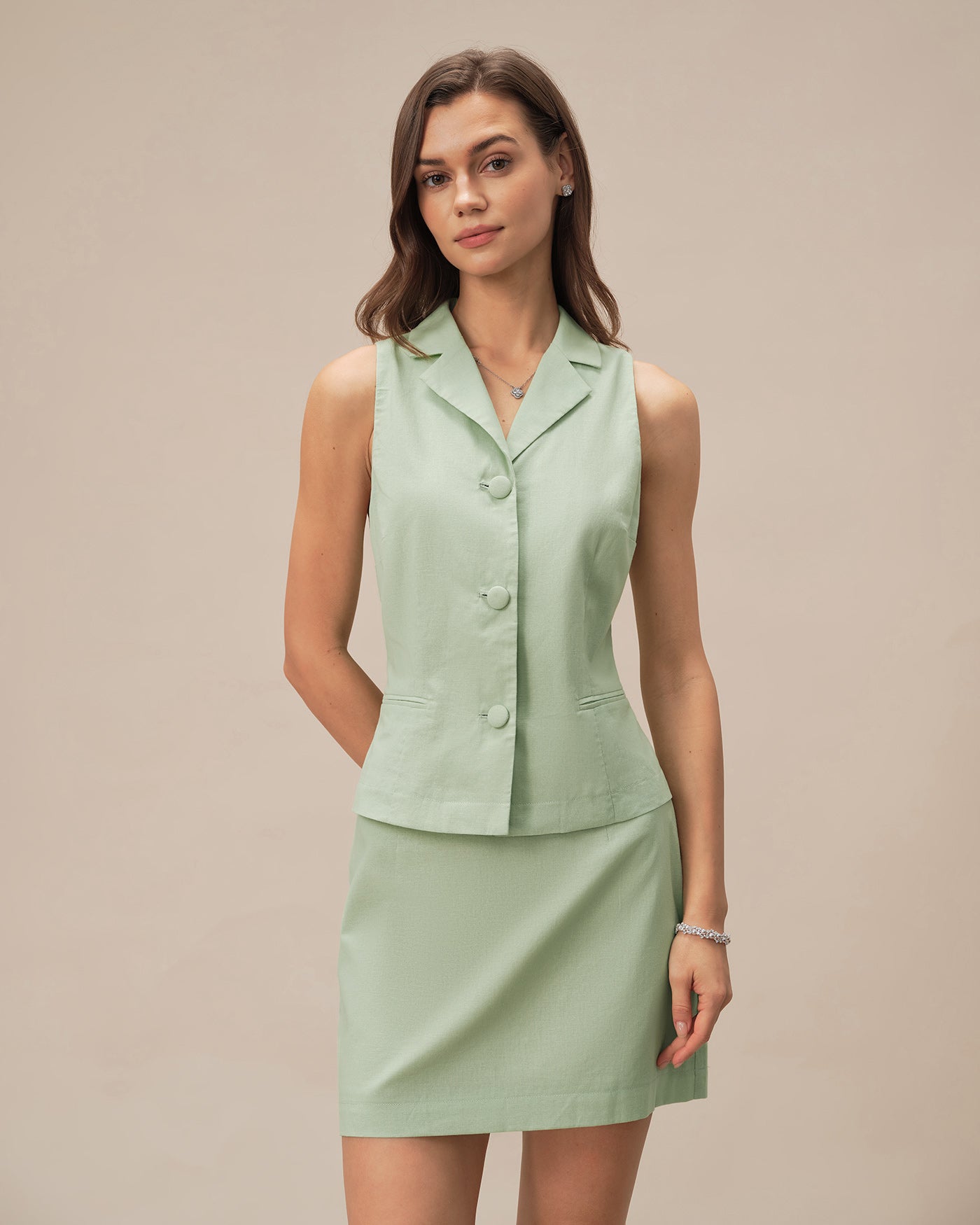 Green Collar Single Breasted Vest | Rihoas