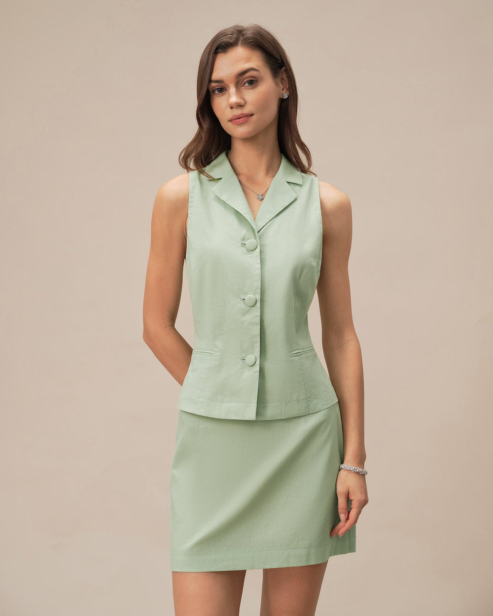 Green Collar Single Breasted Vest | Rihoas