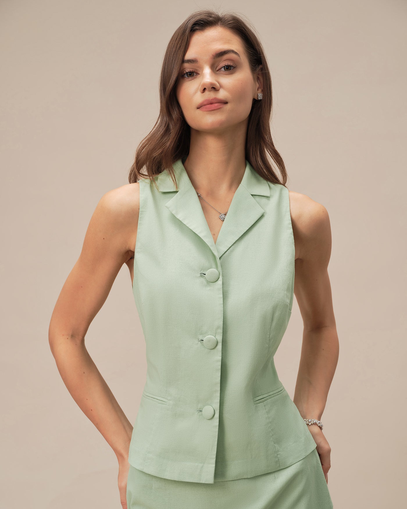 Green Collar Single Breasted Vest | Rihoas