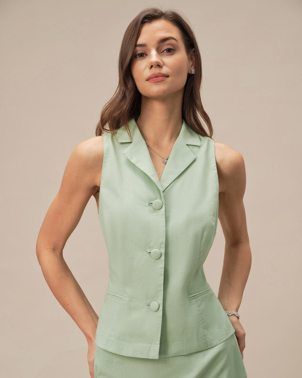 Green Collar Single Breasted Vest | Rihoas