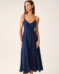 Navy Polka Dot Shirred Slip Midi Dress | Rihoas