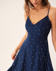 Navy Polka Dot Shirred Slip Midi Dress | Rihoas