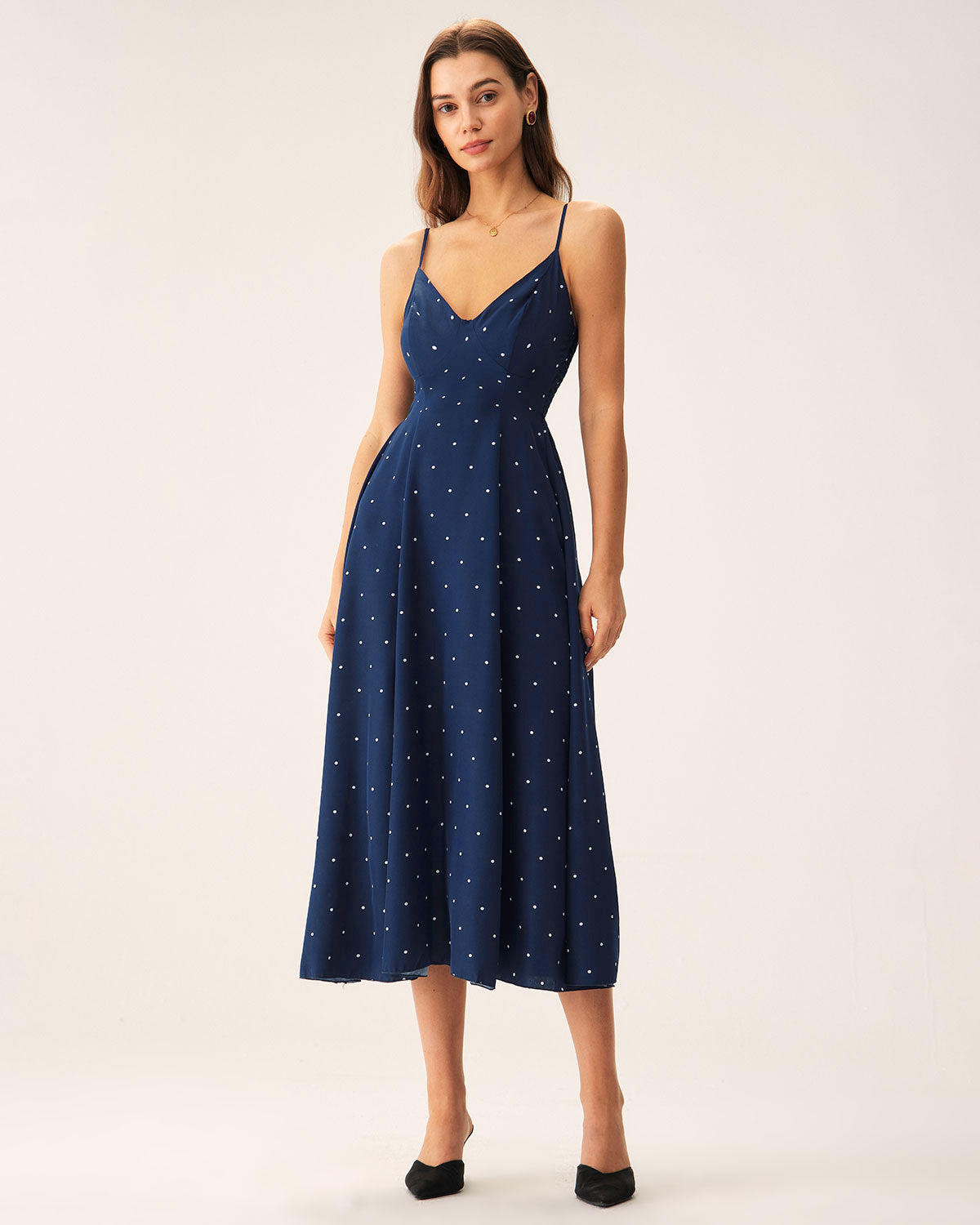 Navy Polka Dot Shirred Slip Midi Dress | Rihoas