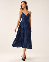 Navy Polka Dot Shirred Slip Midi Dress | Rihoas