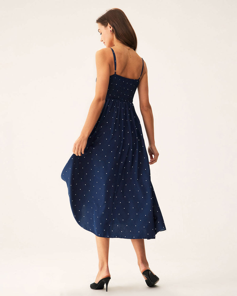 Navy Polka Dot Shirred Slip Midi Dress | Rihoas
