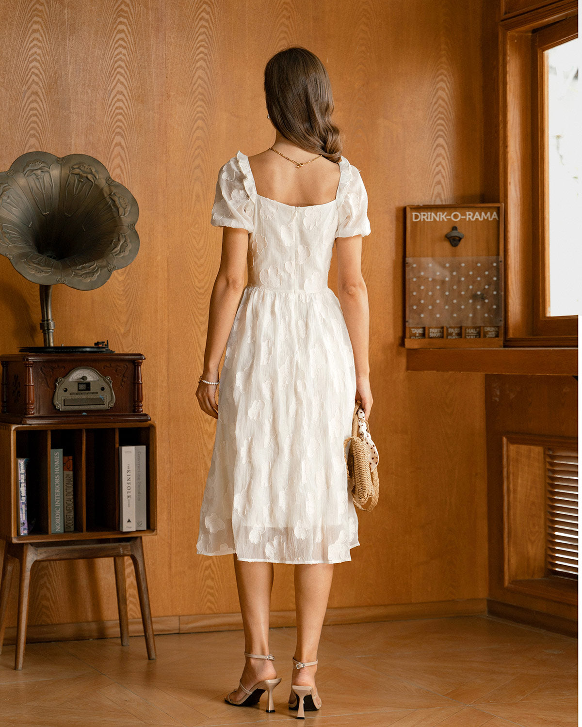 Beige Square Neck Puffed Sleeve Midi Dress | Rihoas