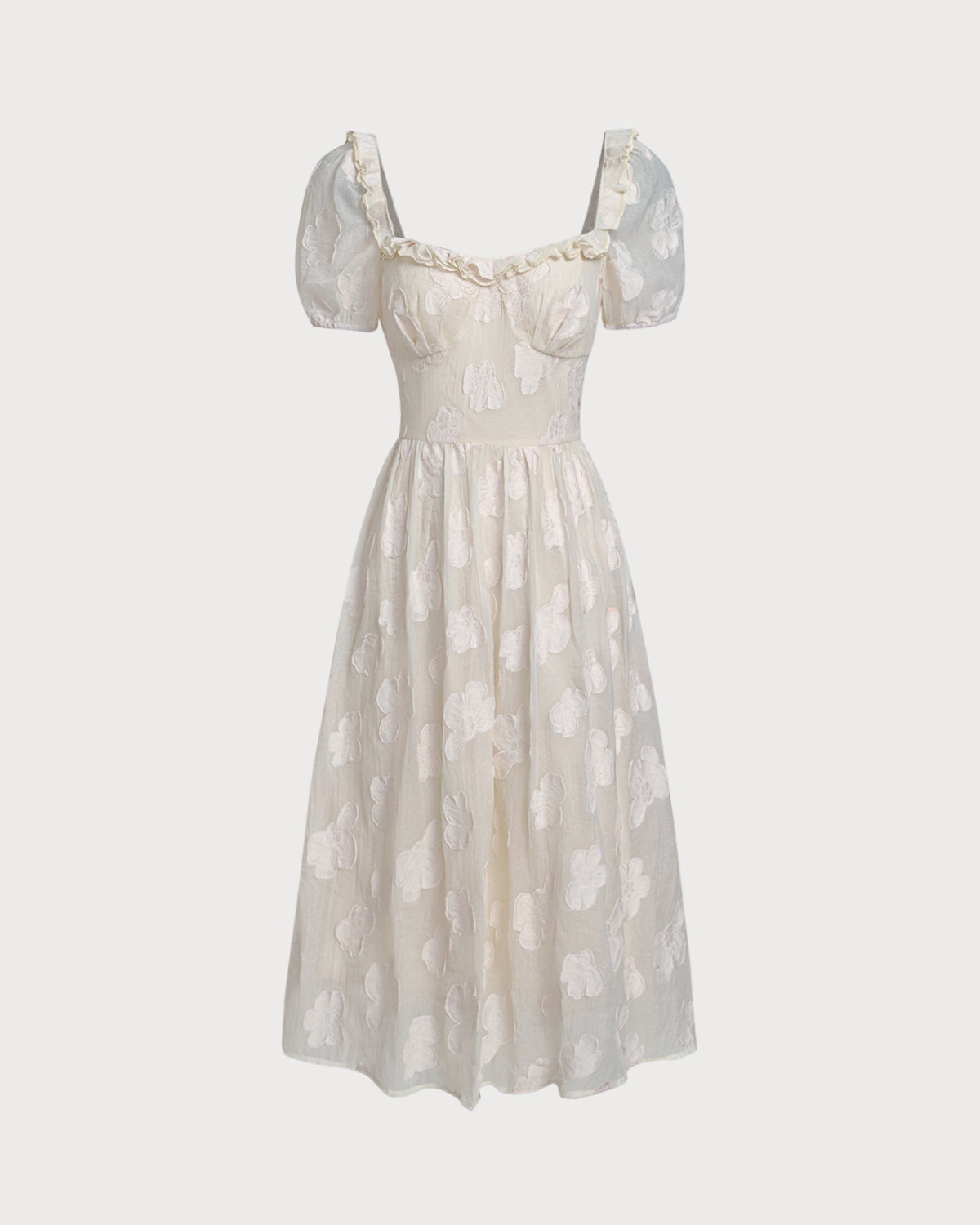 Beige Square Neck Puffed Sleeve Midi Dress | Rihoas