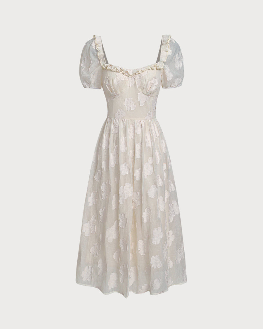 Beige Square Neck Puffed Sleeve Midi Dress | Rihoas