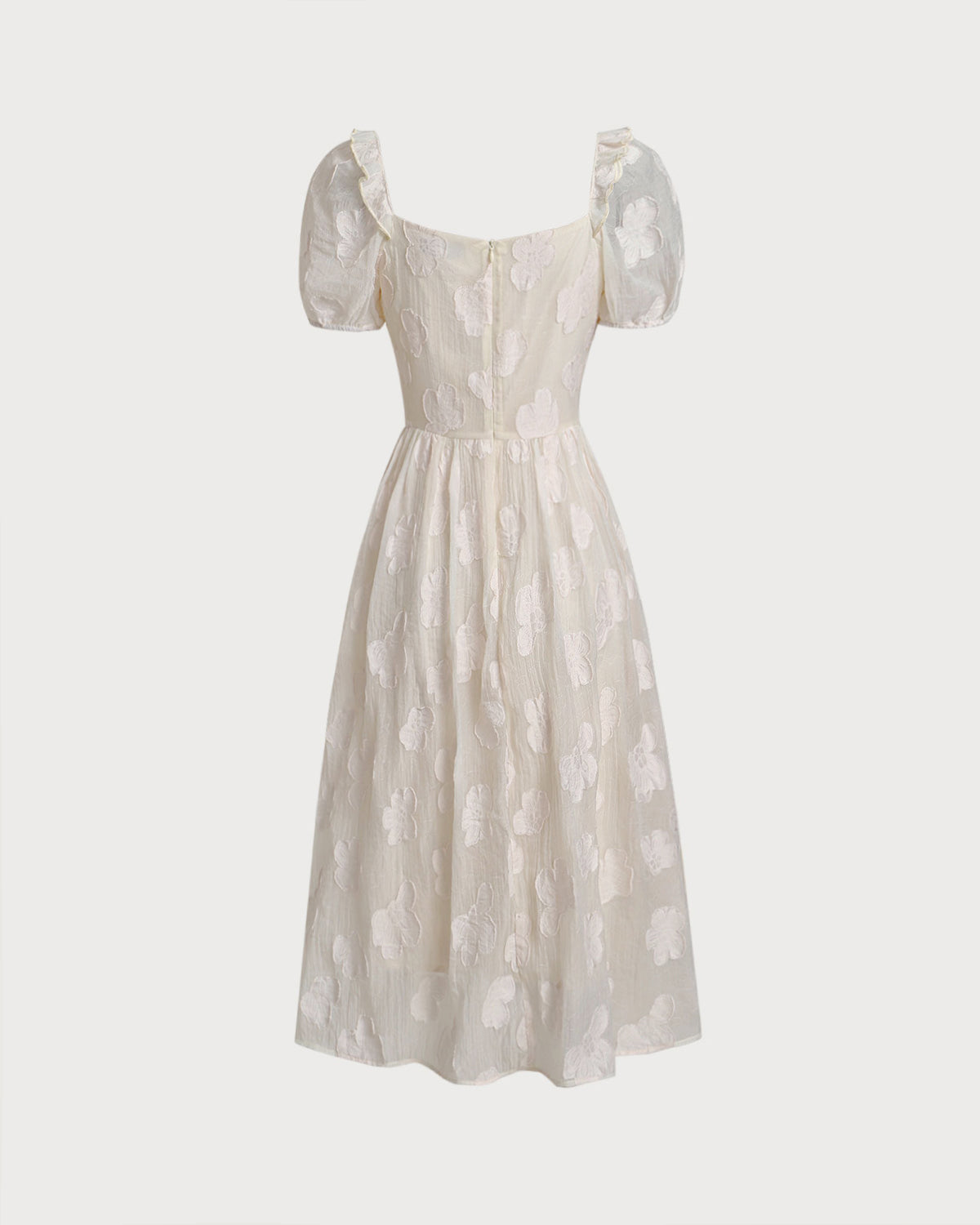 Beige Square Neck Puffed Sleeve Midi Dress | Rihoas
