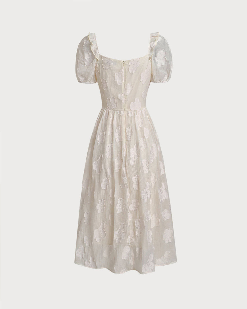 Beige Square Neck Puffed Sleeve Midi Dress | Rihoas
