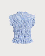 Blue Plaid Shirred Button Tank | Rihoas