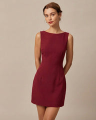 Red Boat Neck Backless Mini Dress | Rihoas
