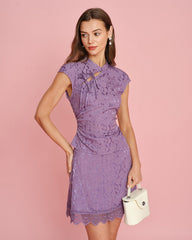 Purple Mandarin Collar Jacquard Tee | Rihoas