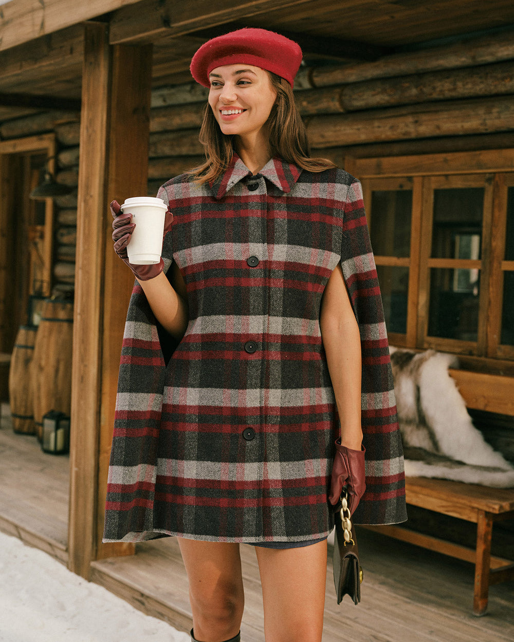 Red Plaid Cape Sleeve Coat | Rihoas