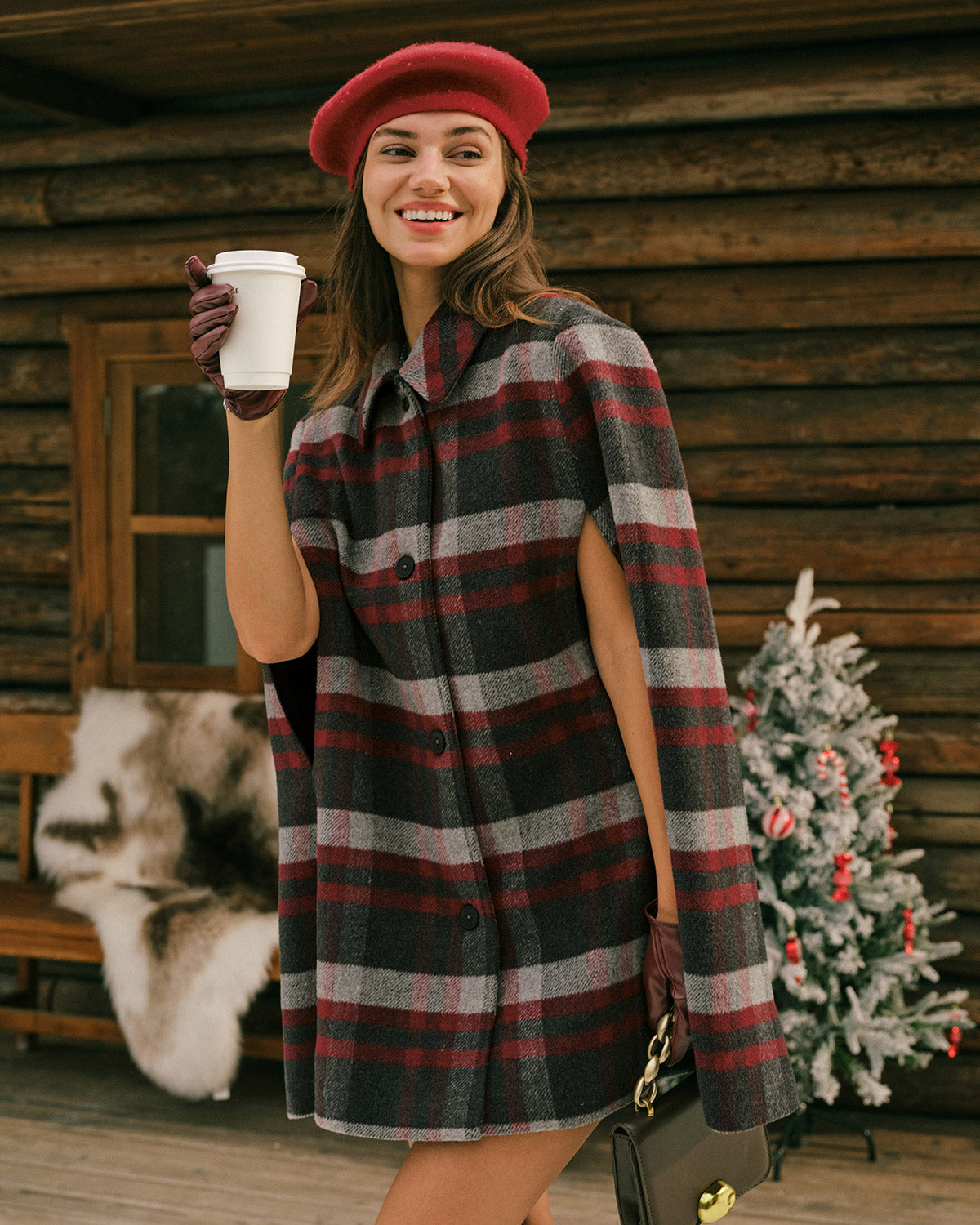 Red Plaid Cape Sleeve Coat | Rihoas