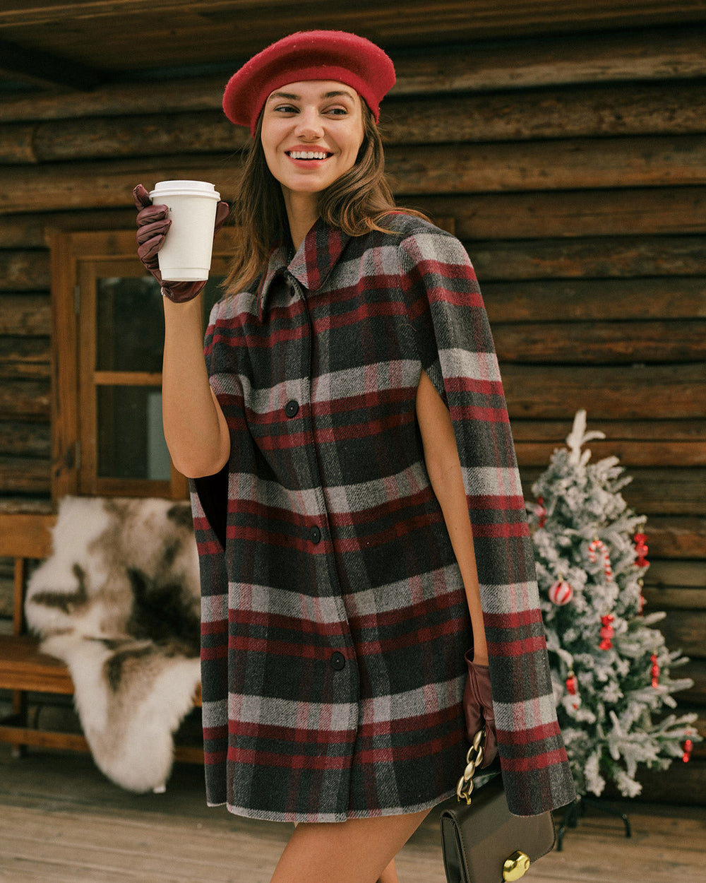 Red Plaid Cape Sleeve Coat | Rihoas