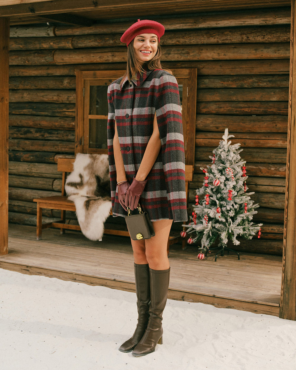 Red Plaid Cape Sleeve Coat | Rihoas